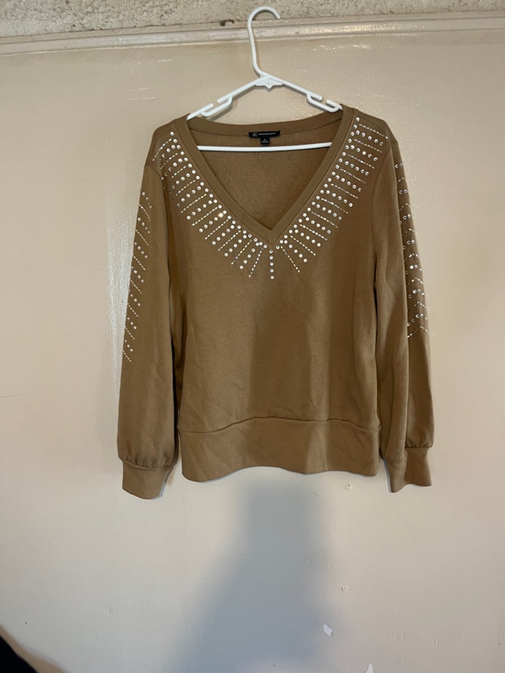 INC International Concepts Tan V-Neck Sweater with Silver Stud Detailing